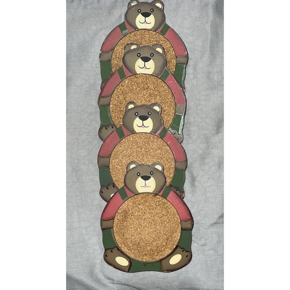 Christmas Teddy Bear Coaster‎ Set Wooden Country Bears Cork